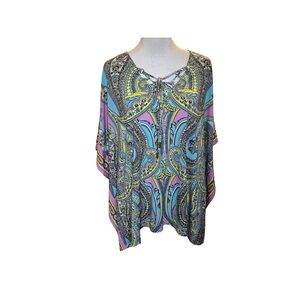 Susan Graver Women Small Teal Green Pink Yellow Paisley Kafton Ruffle top blouse